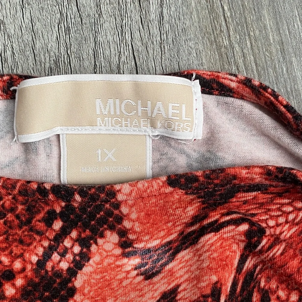 Michael Kors Red and Black Swirl Blouse with Gold Chains 3/4 sleeves